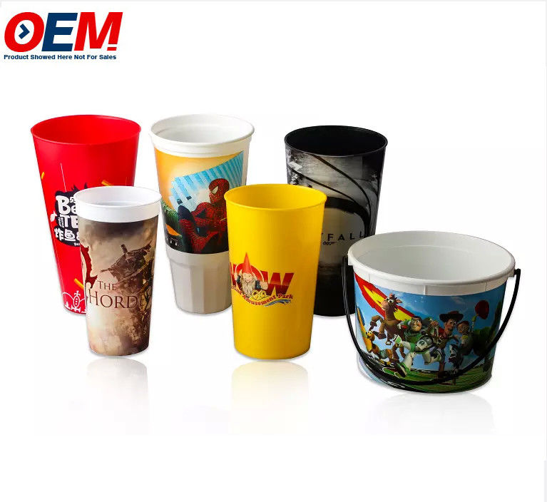 OEM Gute Qualität Behälter kundenspezifisch bedruckte Kunststoff-Cartoon-Popcorn-Eimer-Wanne-Becher mit Deckel für Werbezwecke