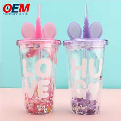 Customisierte PP Doppelwand Tasse mit Stroh OEM 450ml Plastik Tasse von hoher Qualität niedlich Einhorn Wasser Tasse